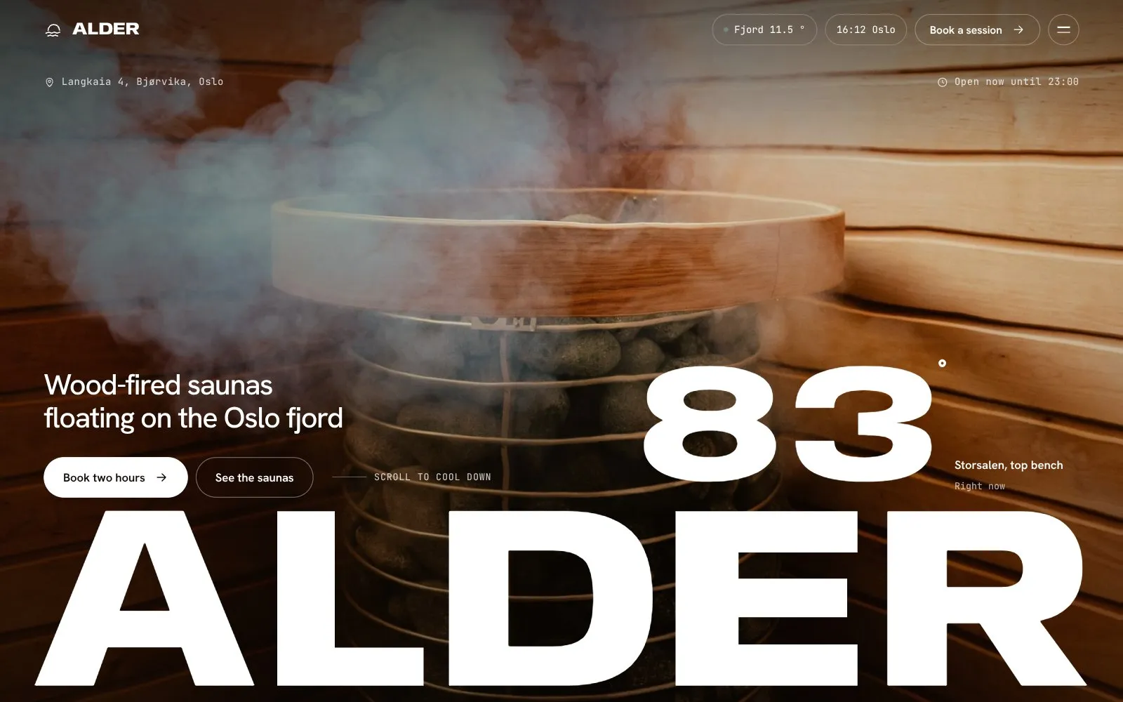 Alder — Website for a floating sauna bathhouse on the Oslo fjord. The page cools from 84° to the fjord as you scroll.