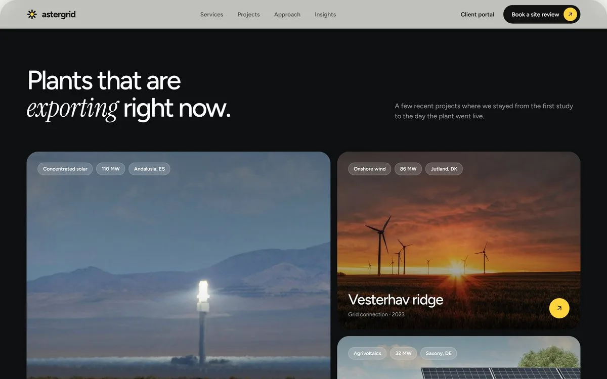 Astergrid: Project cards with type, capacity and location
