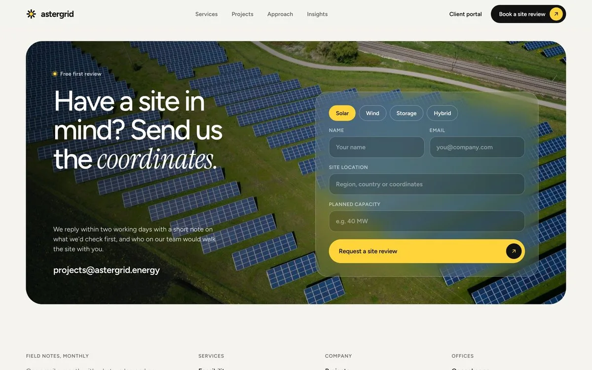 Astergrid: Glass contact form over an aerial photo