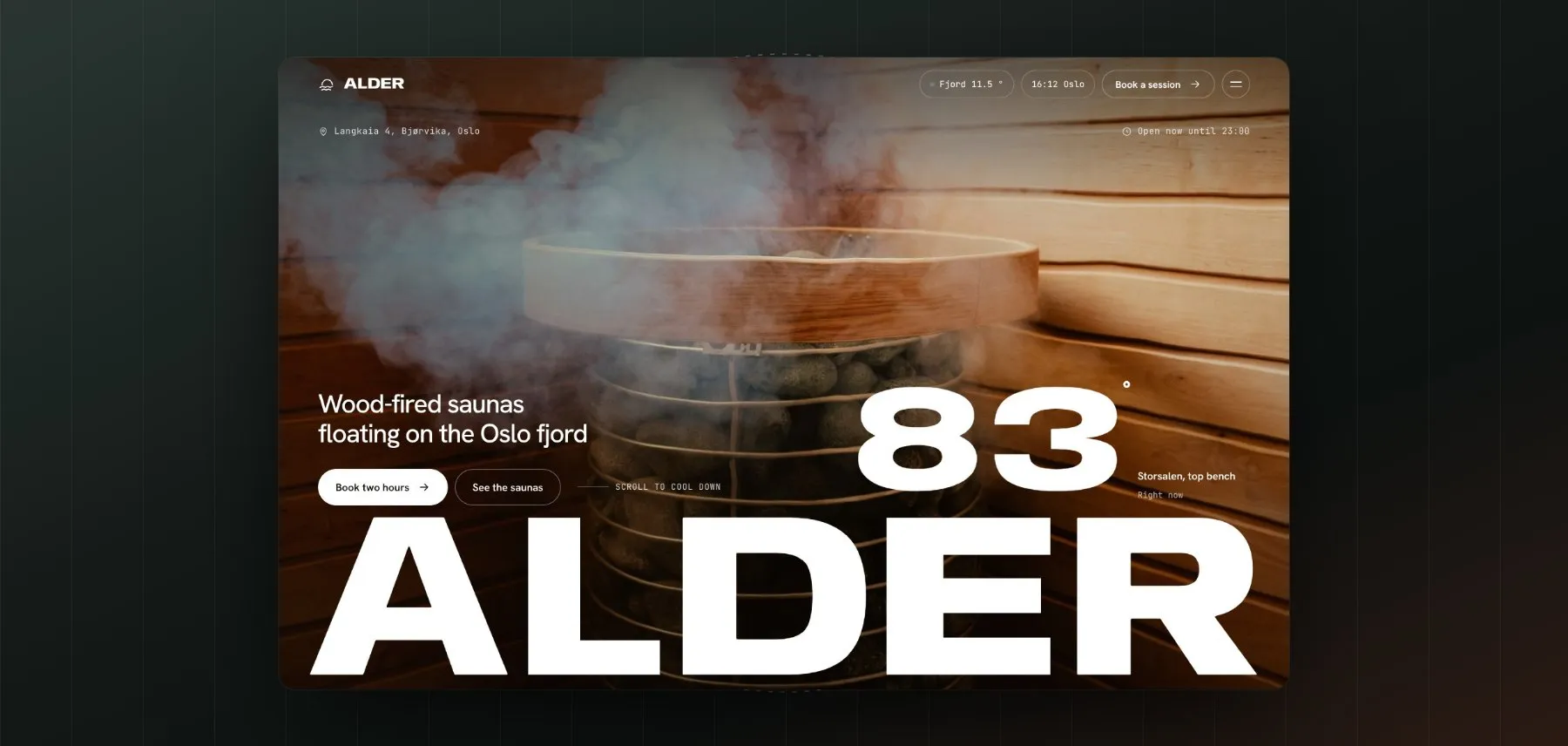 Alder — Website for a floating sauna bathhouse on the Oslo fjord. The page cools from 84° to the fjord as you scroll.