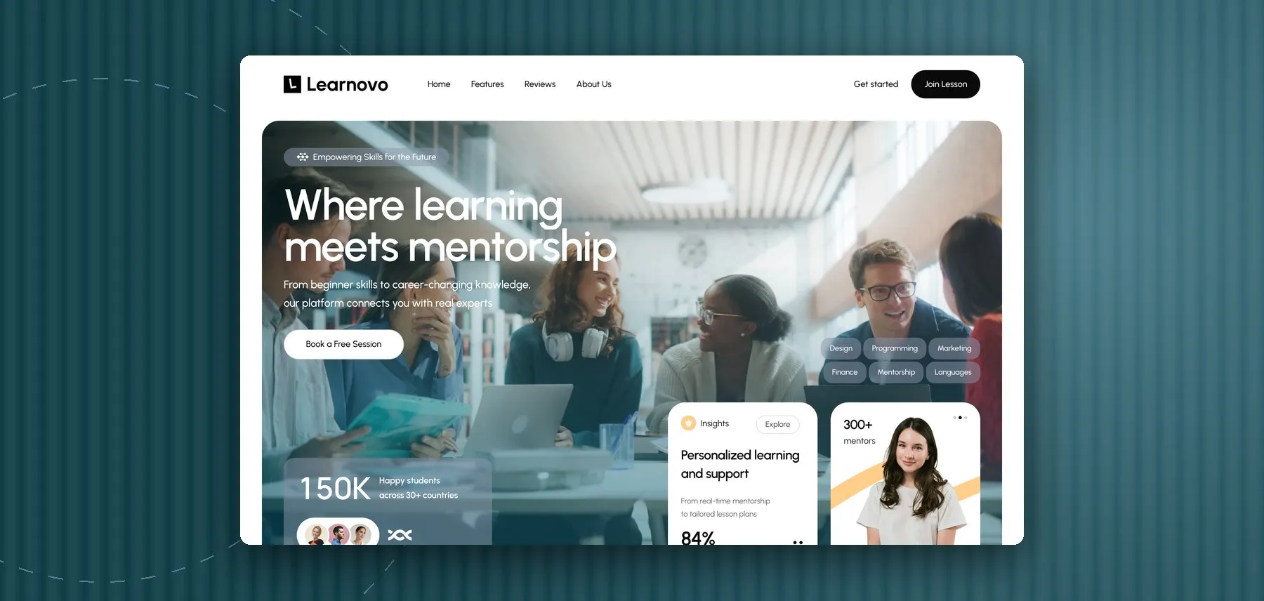 Learnovo — A landing page for a mentorship platform that pairs learners with real experts for one-on-one lessons.