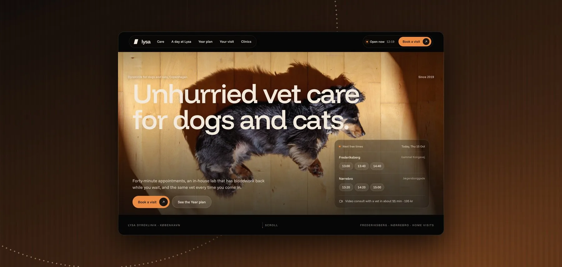 Lysa — A cinematic website for a small animal clinic in Copenhagen, told through pets resting in window light.