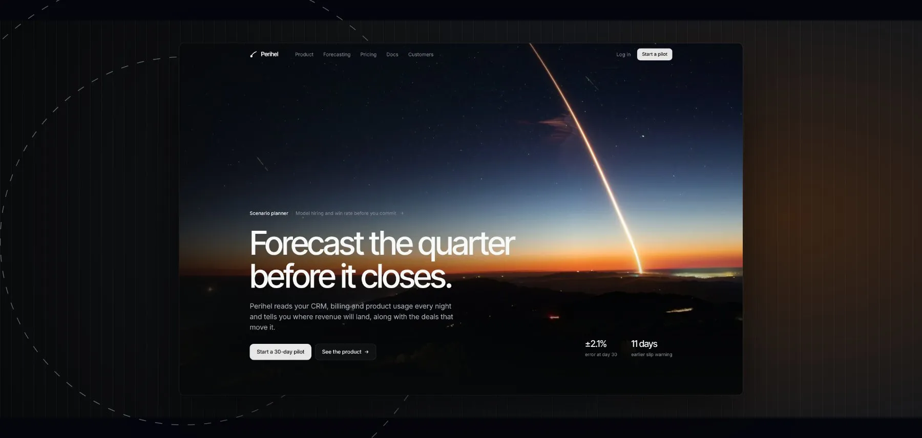 Perihel — A landing page for a revenue forecasting platform that shows RevOps teams where the quarter lands weeks before it closes.