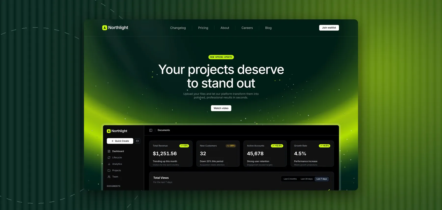 Northlight — A dark landing page for a SaaS workspace that turns uploaded files into polished results, with a live dashboard in the first screen.