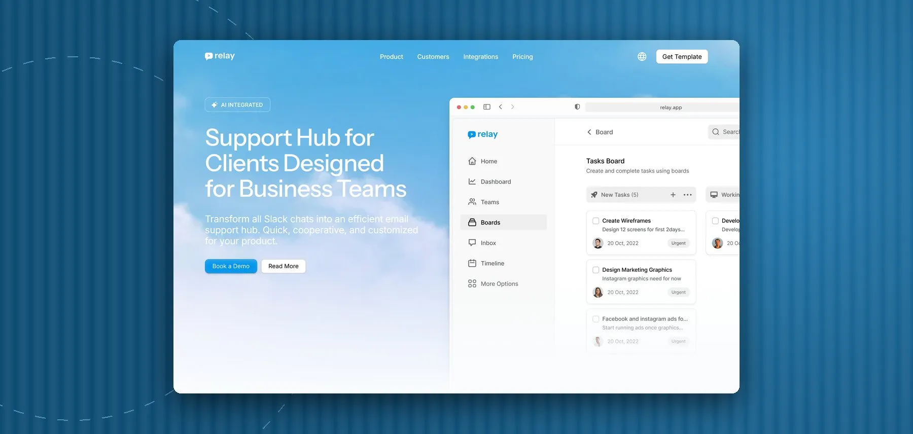 Relay — A landing page for a SaaS support hub that turns Slack chats into one calm, shared inbox with AI built in.