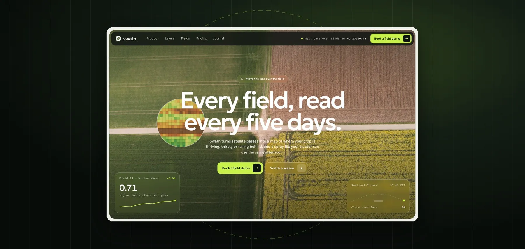 Swath — A landing page for a crop-monitoring service that reads farm fields from satellite passes and sends a spray file to the tractor the same day.