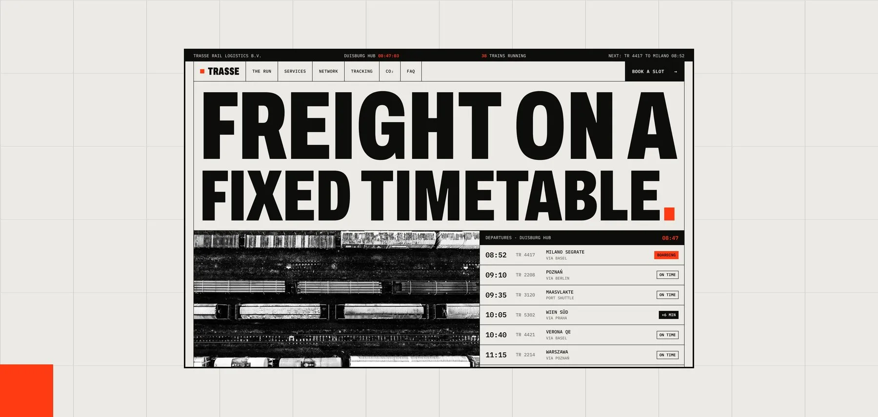 Trasse — A brutalist landing page for an intermodal rail freight operator, built like a printed timetable: live departures, one run from Rotterdam to Milano, wagon tracking and a CO₂ calculator.