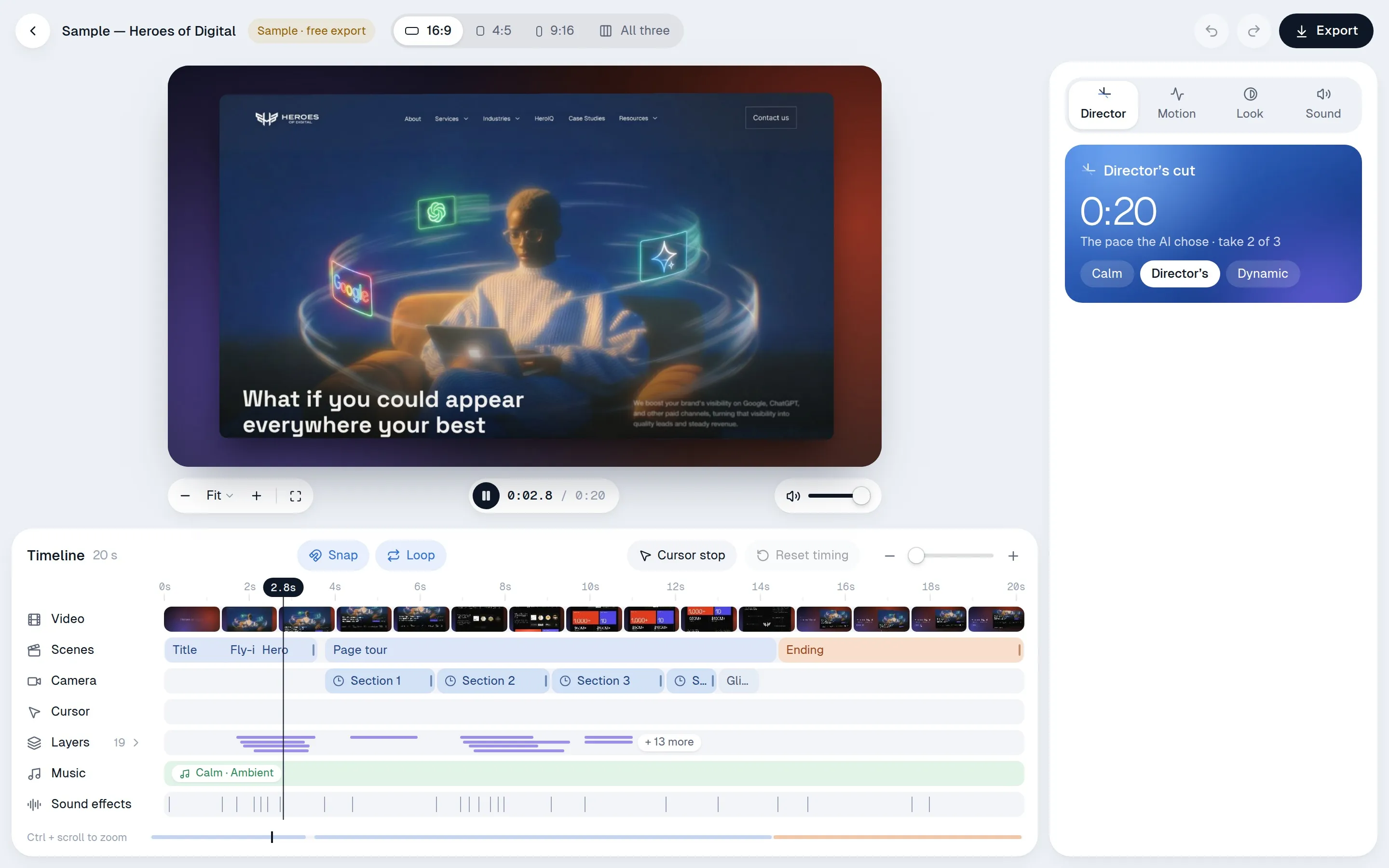 Casecut editor: a Figma frame turned into a motion case video with a timeline