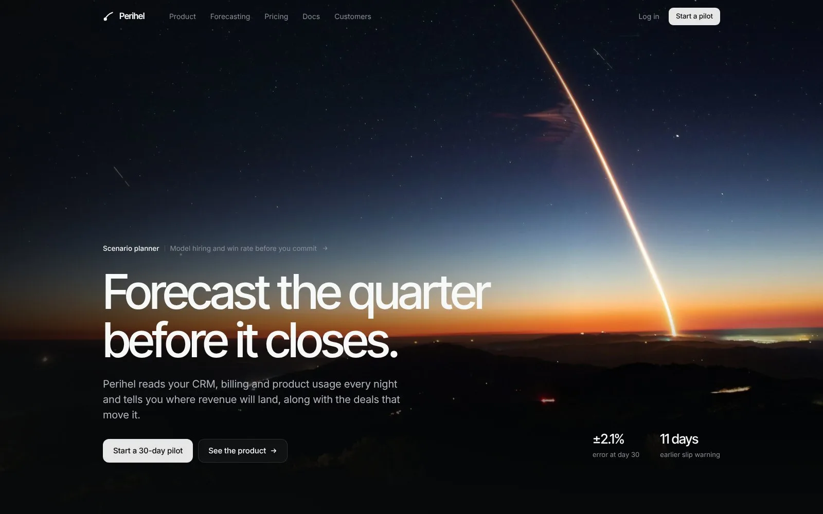 Perihel: first screen of the homepage