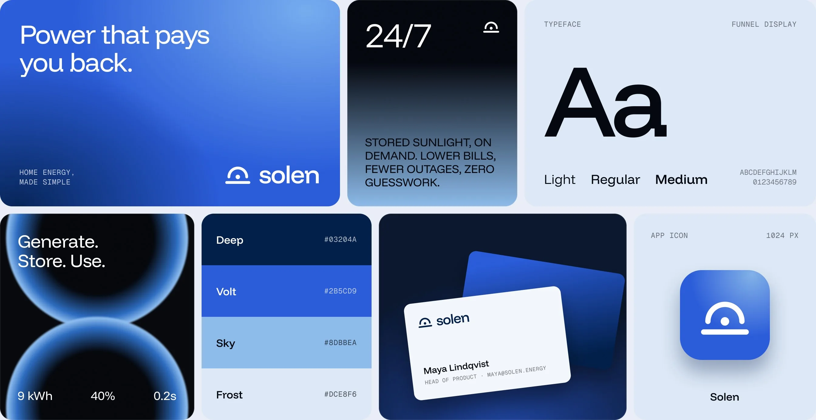 Solen identity in use: headline tile, stat tile, type specimen, palette, business cards and app icon