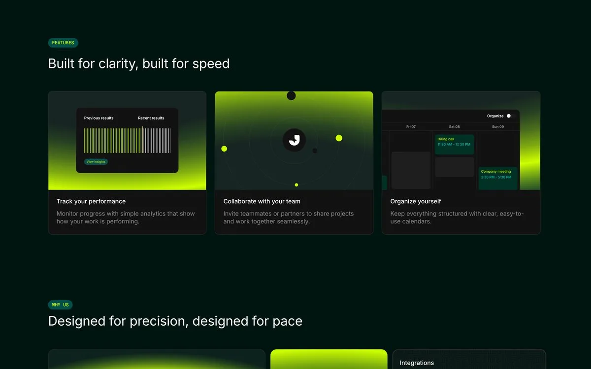 Northlight: Three product cards: bars, orbits and a calendar