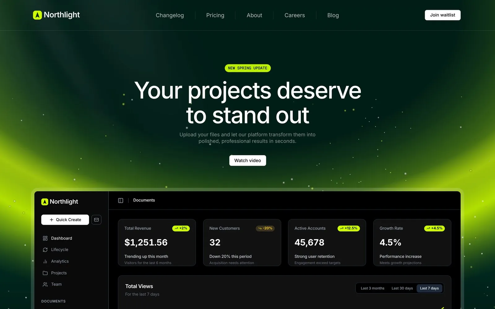 Northlight — A dark landing page for a SaaS workspace that turns uploaded files into polished results, with a live dashboard in the first screen.