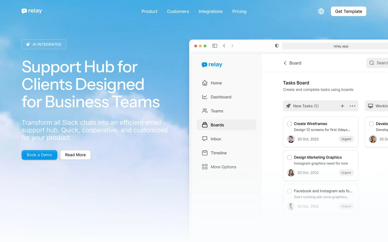 Relay — A landing page for a SaaS support hub that turns Slack chats into one calm, shared inbox with AI built in.