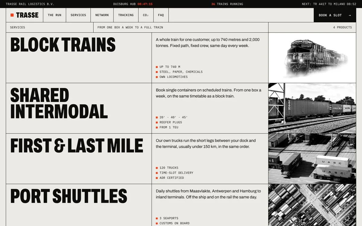 Trasse: Services as a table that inverts on hover