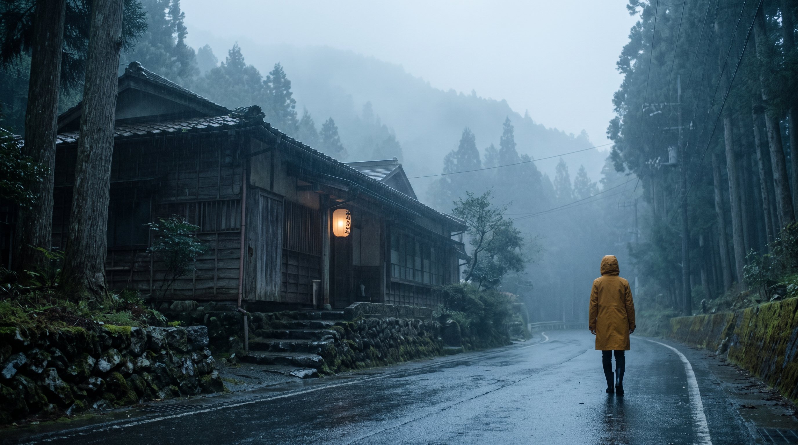 A woman in the kihada Machi Coat walking up a foggy cedar road past an old ryokan in Yuwaku