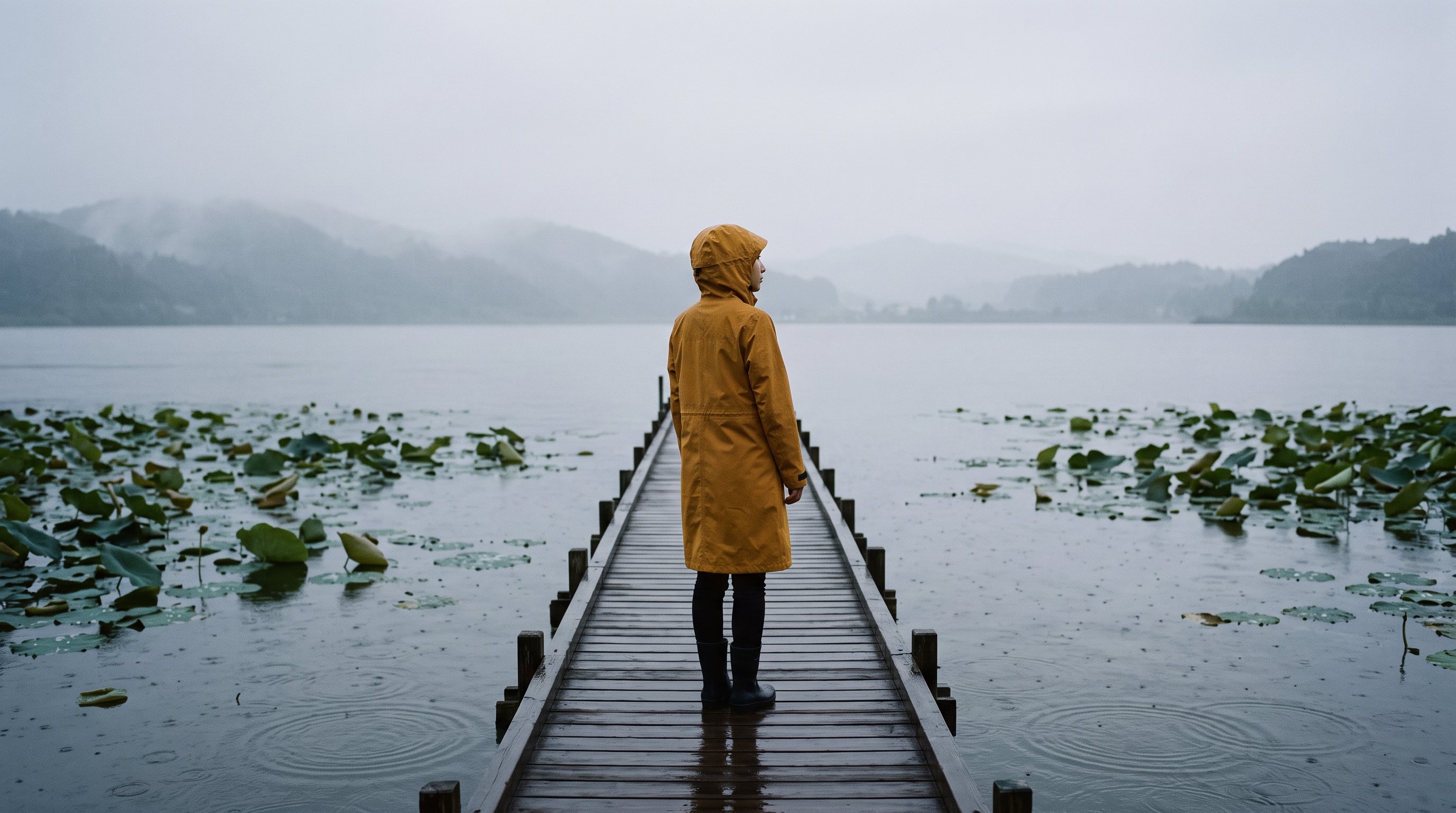 A woman in the kihada Machi Coat on a wooden pier over Lake Kiba in drizzle