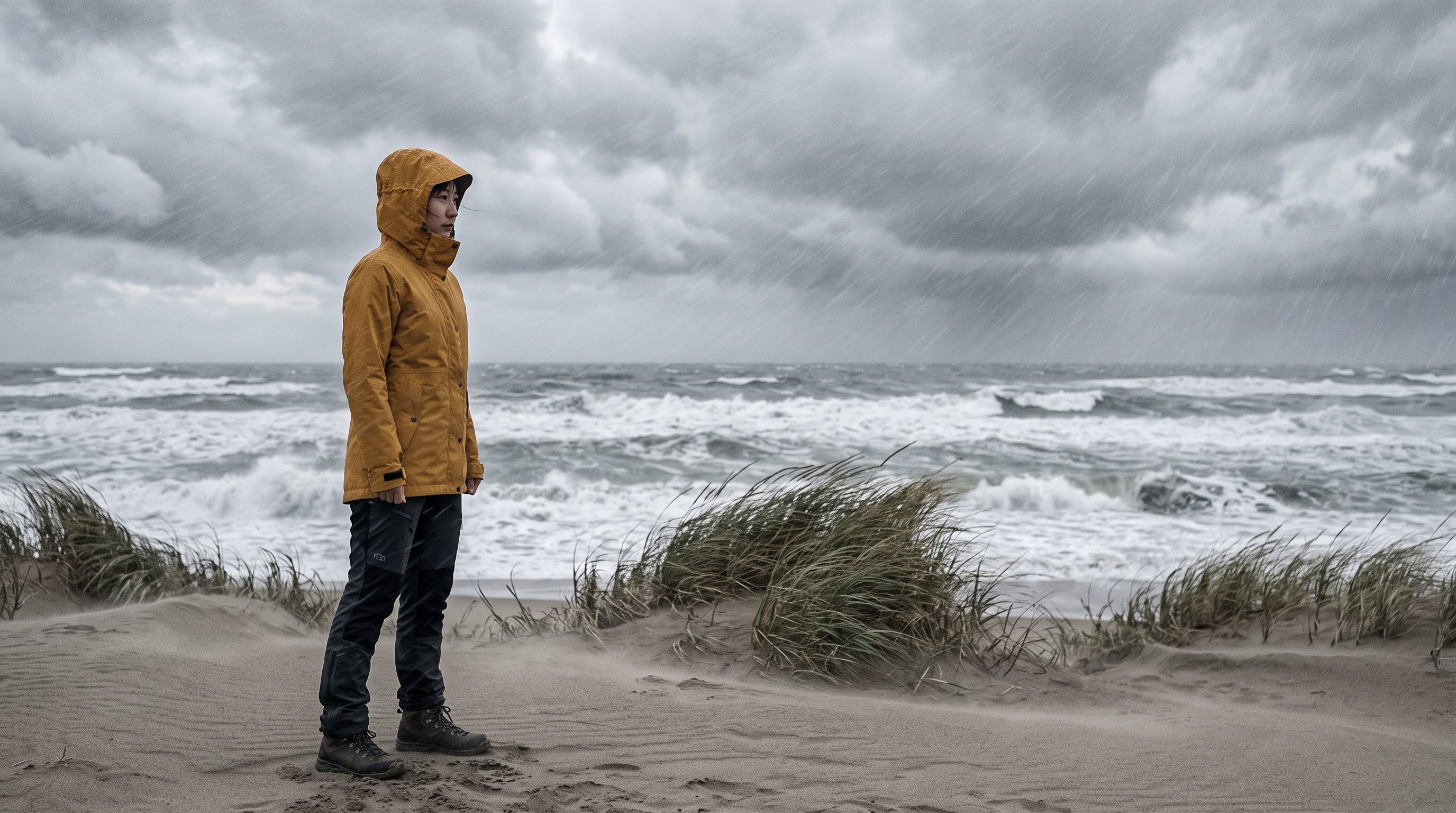 A woman in the kihada Yama Shell on the dunes at Uchinada in a storm
