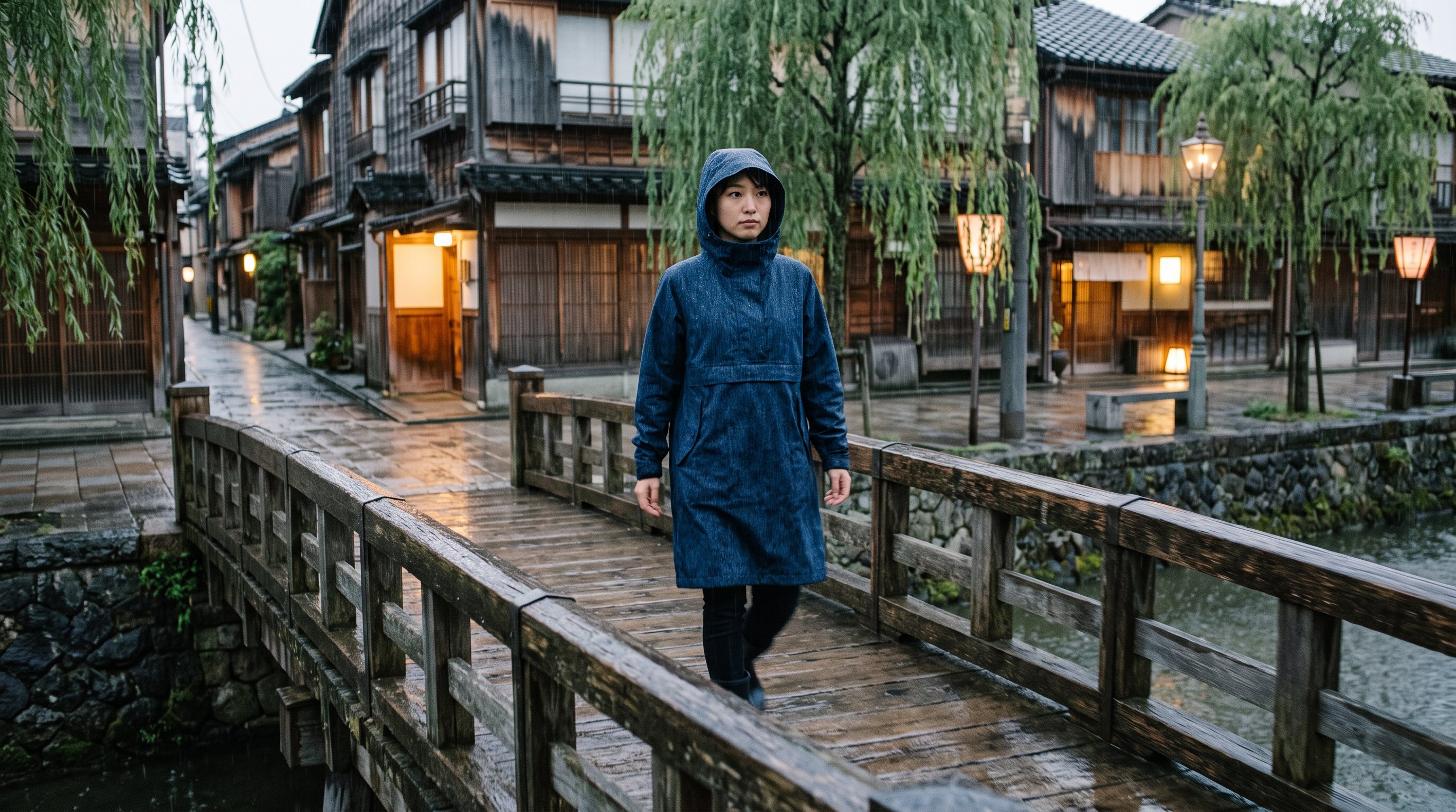 A woman in the ai Tsuyu Smock crossing a wooden bridge over the Asano river