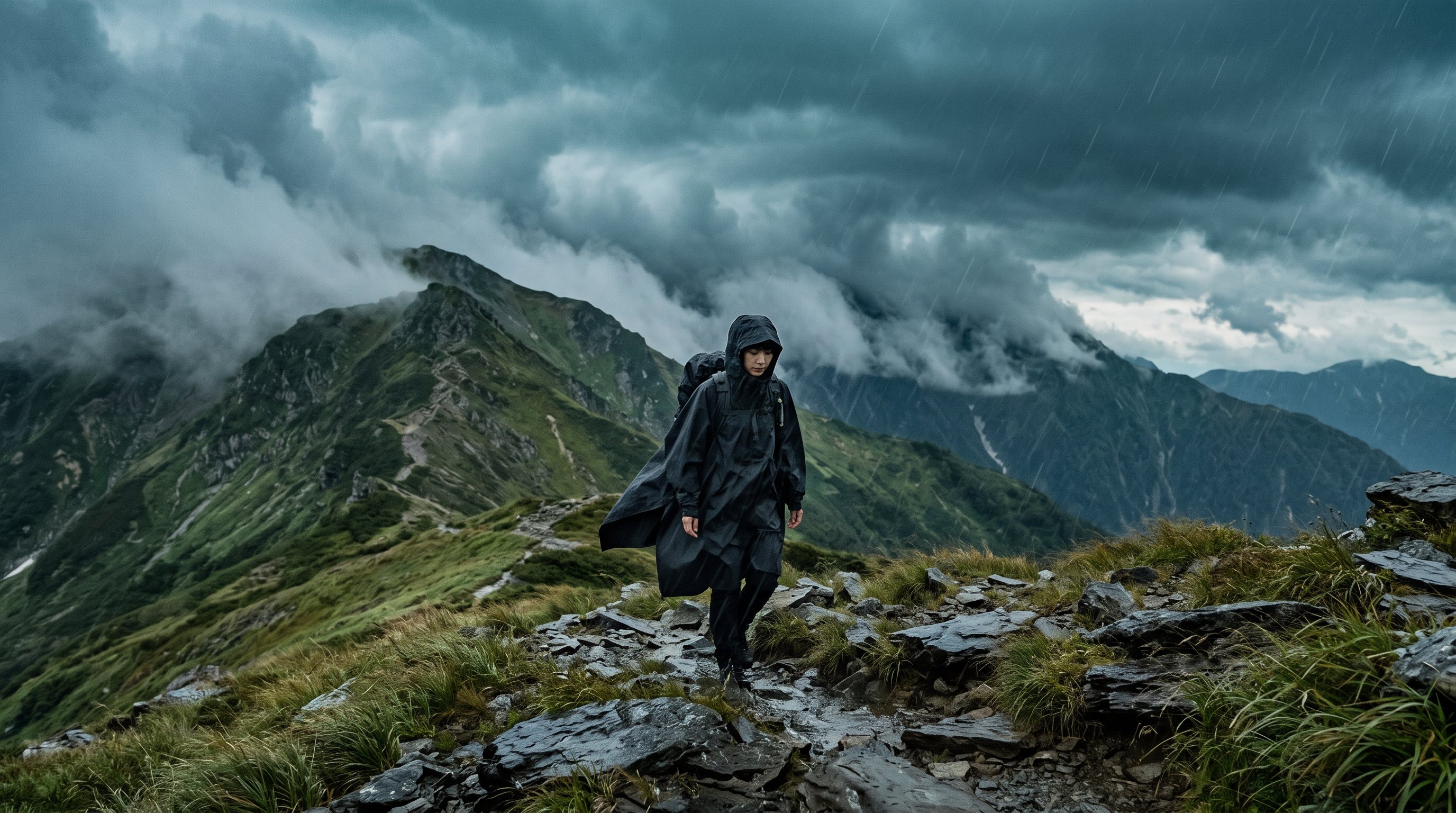 A woman in the sumi Kasa Poncho on a ridge trail in the Hakusan foothills in a squall