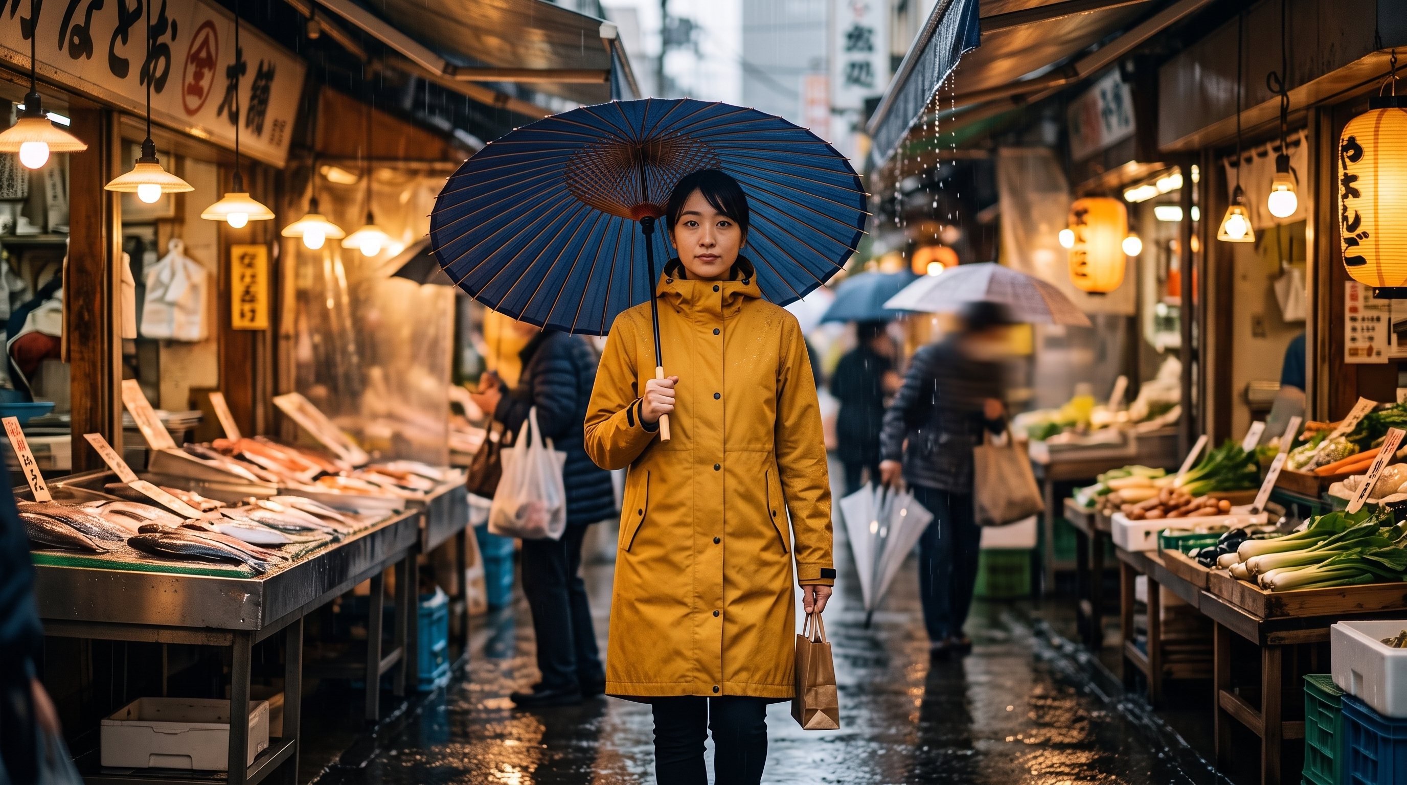 A woman in the kihada Machi Coat under an ai Bangasa umbrella in Omicho market