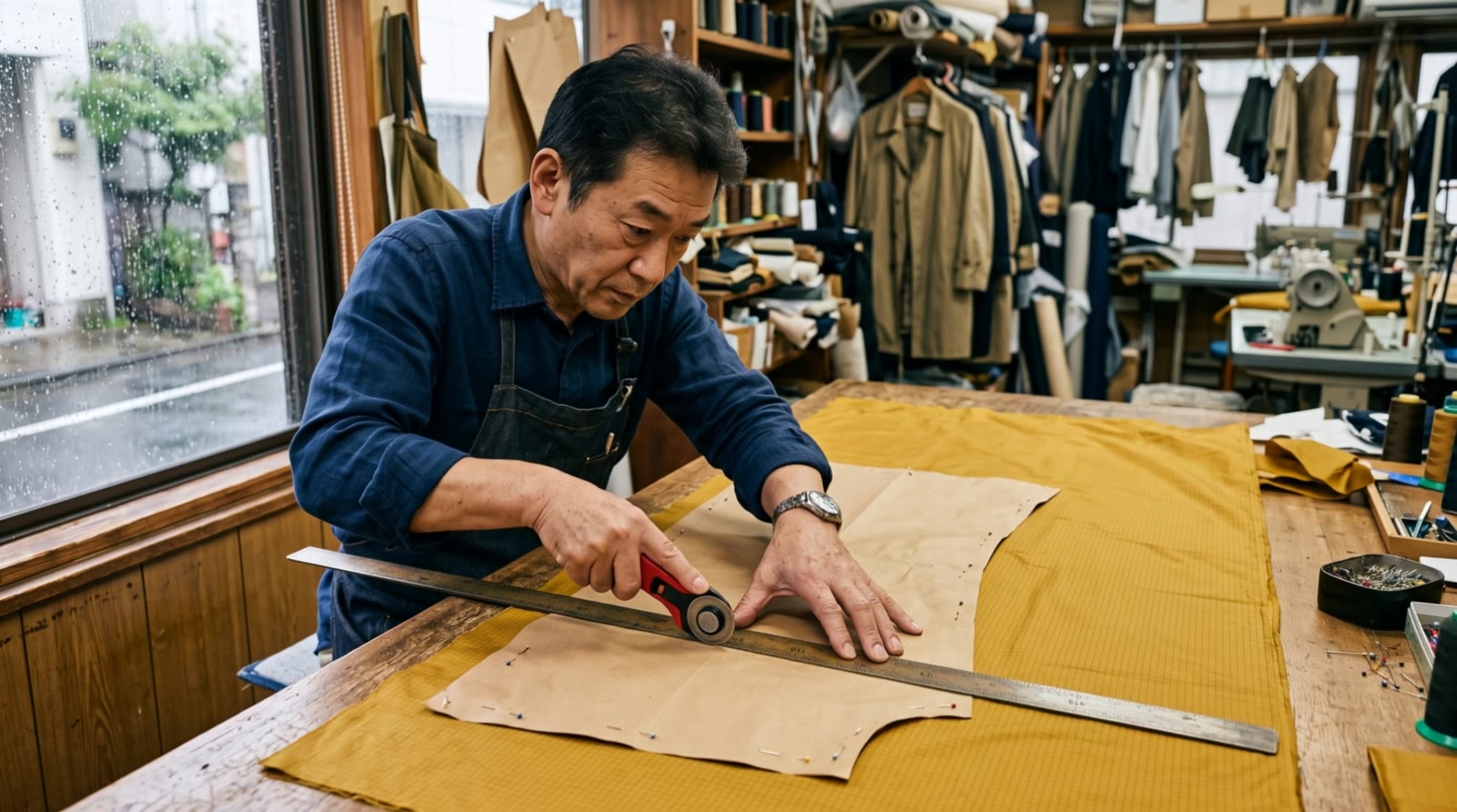 A tailor cutting kihada-yellow ripstop along a steel ruler with a rotary cutter