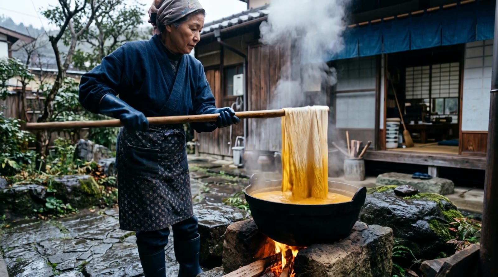 Lifting cloth out of a steaming pot of kihada dye in the atelier yard