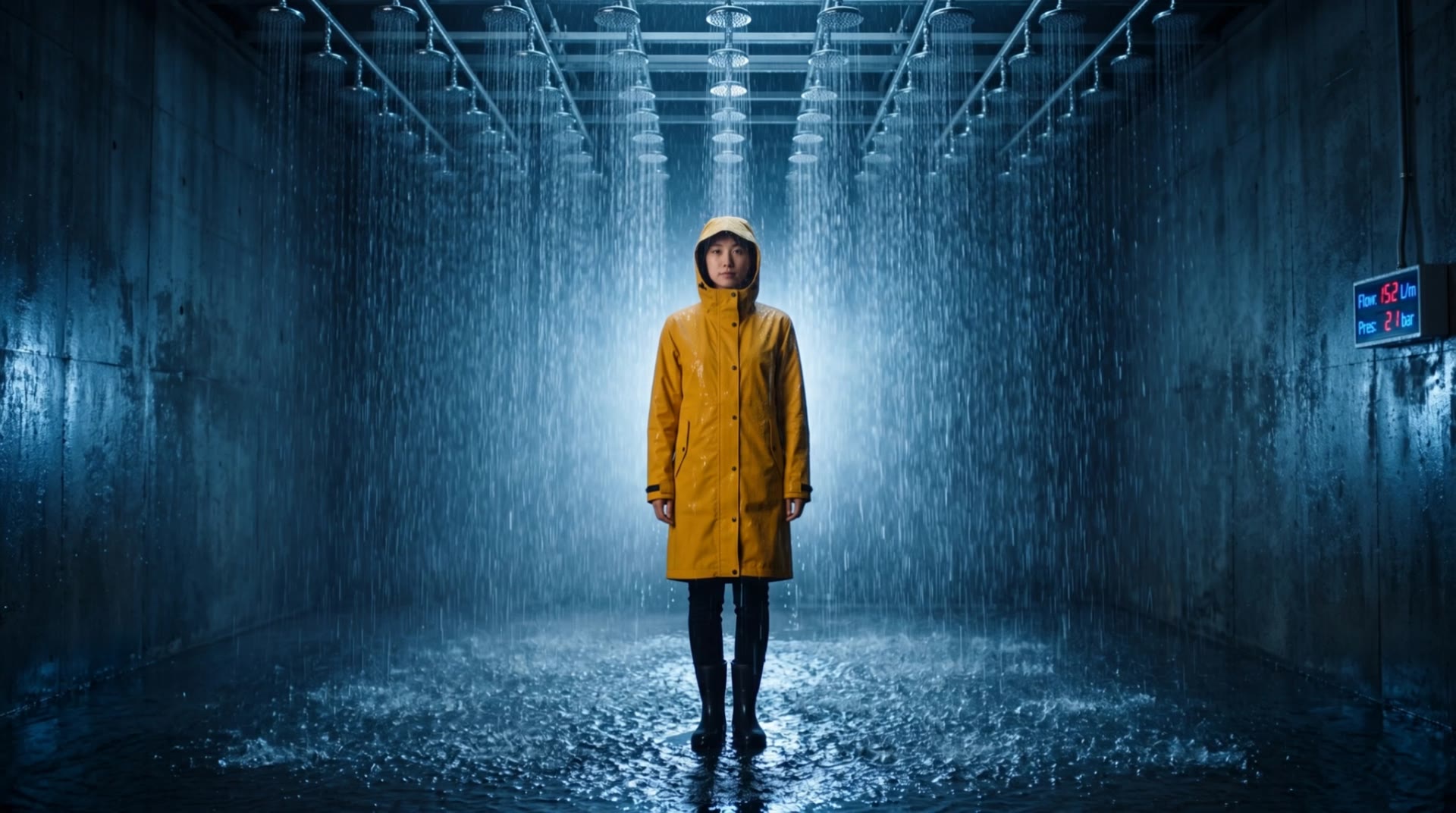 A woman in the kihada Machi Coat under the nozzles of the rain room as the rain turns into a downpour