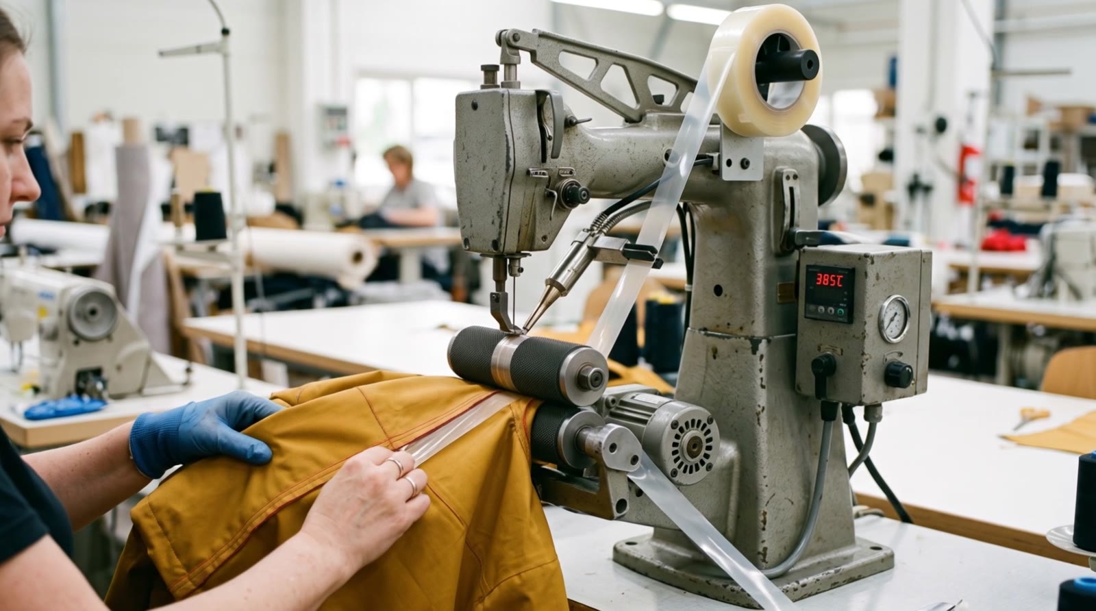 A yellow rain jacket fed through a hot-air seam-sealing machine