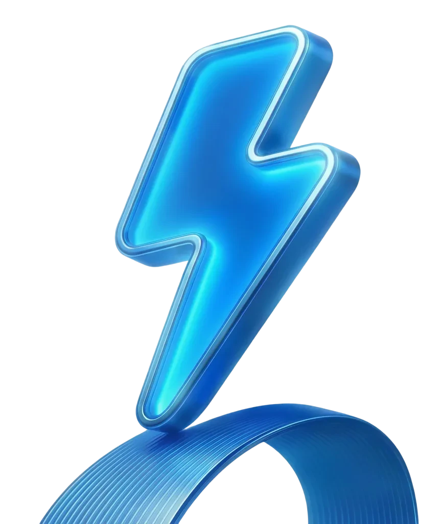 A glossy blue lightning bolt standing on a ribbon above the clouds