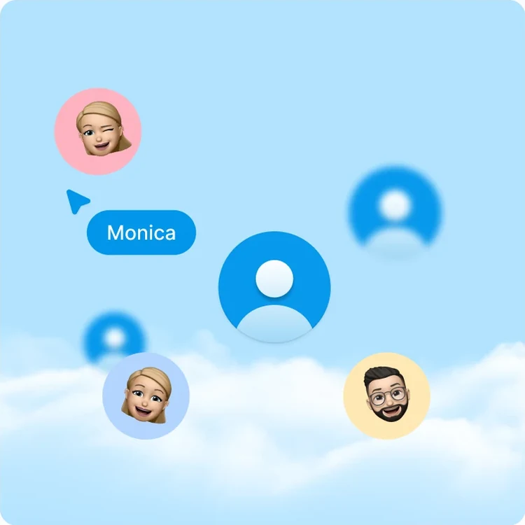 Team avatars floating over clouds around a chat label