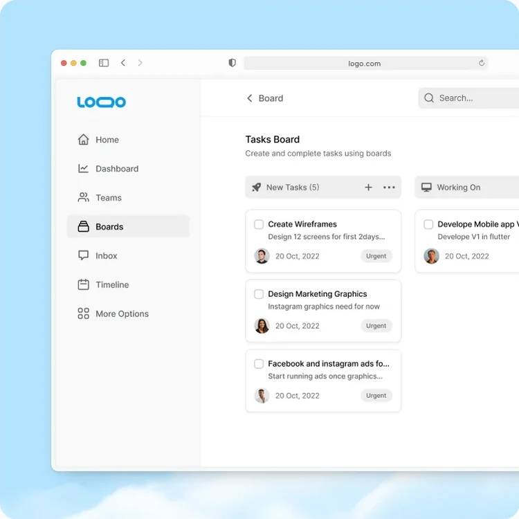 The tasks board inside a browser window