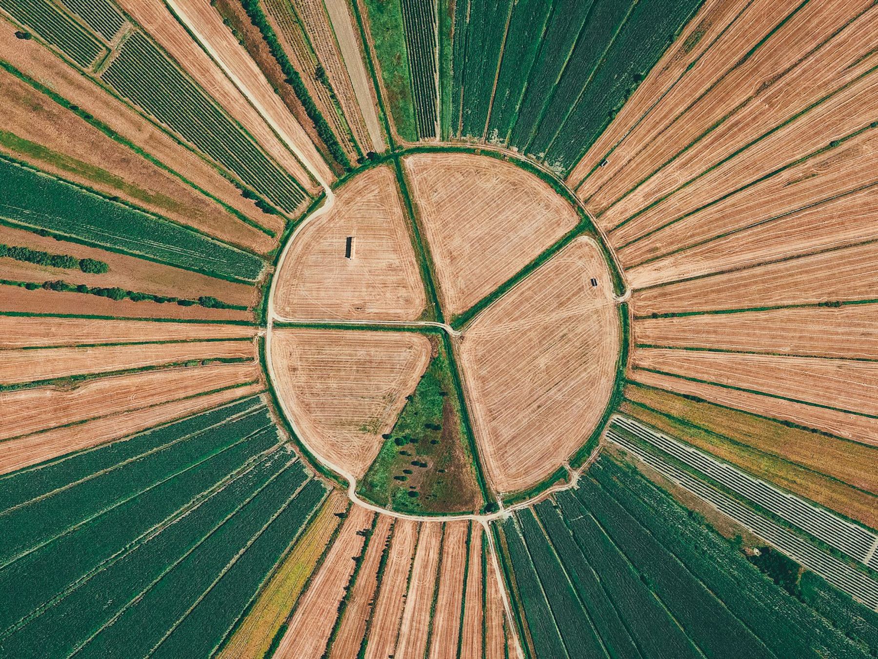 Fields laid out in a circle around a farm track, seen from above