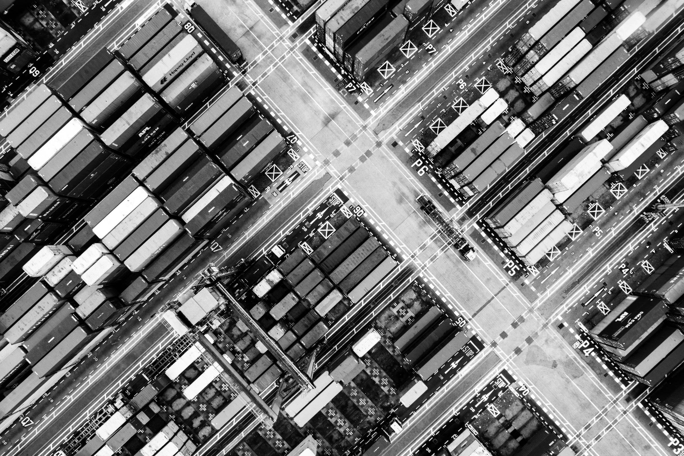 Container stacks at a port, seen from above