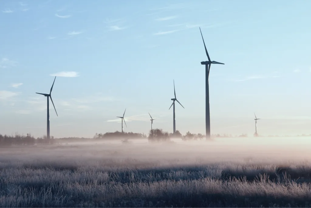 Wind turbines in a misty field at dawn
